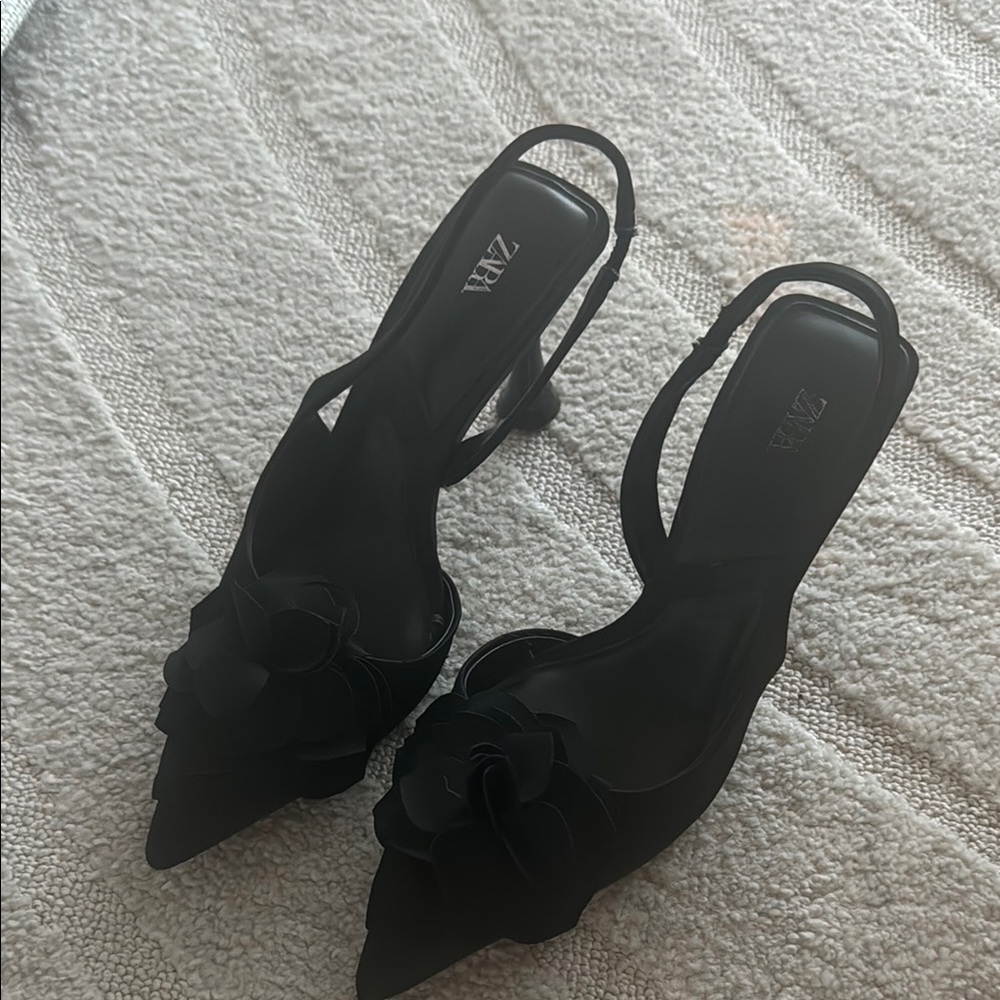 Zara Black Slingback Heels with Floral Detail